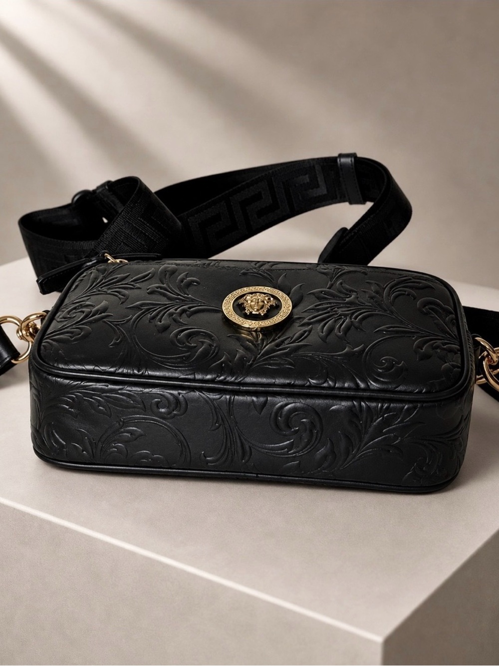 Versace Black Embossed Leather Crossbody with Gold Medusa Emblem - Picture 13 of 14